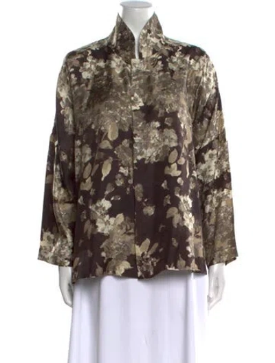 Pre-owned Eskandar Silk Floral Print Button-up Top In Brown