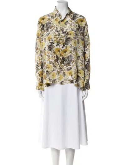 Pre-owned Eskandar Silk Floral Print Button-up Top In Yellow