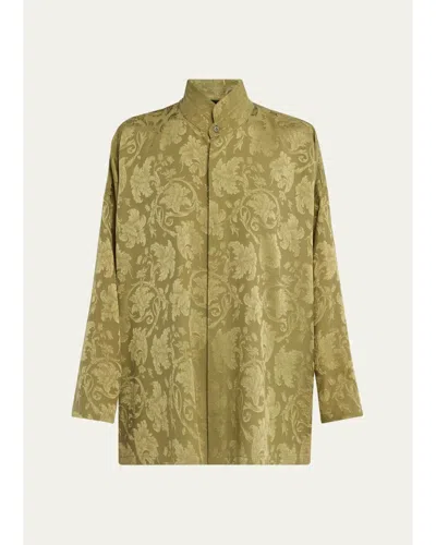 Eskandar Silk Jacquard Wide A-line Double Stand Collar Shirt In Olive