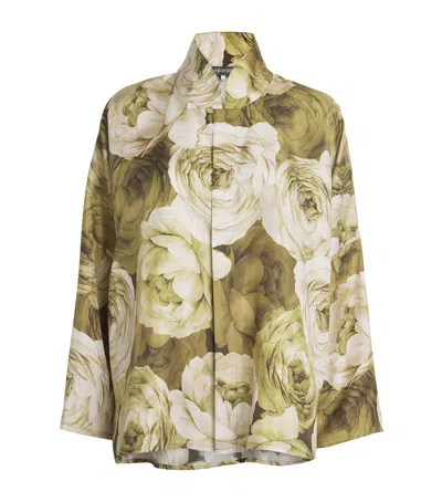 Eskandar Silk Rose Print Shirt In Green