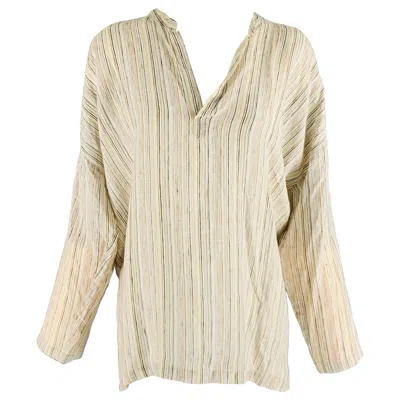 Pre-owned Eskandar Size 0 White Blue Linen Stripe Long Placket Casual Top