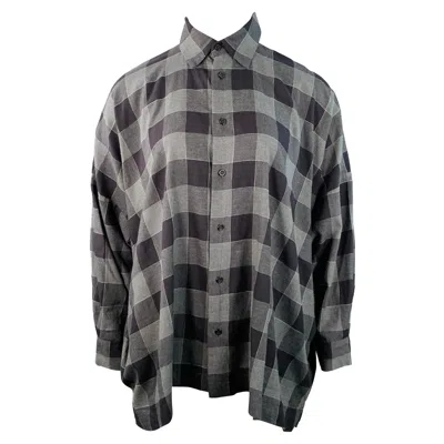 Pre-owned Eskandar Size L Black Charcoal Cotton Oversized Checkered Point Collar Shirt