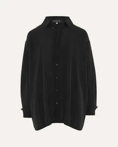 Eskandar Slim A-line Back Pleat Shirt With Collar (long Plus Length) In Black