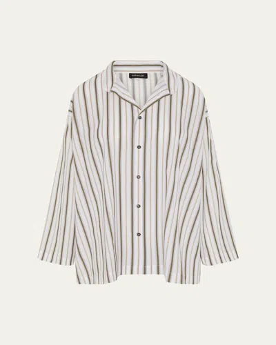 Eskandar Slim A-line Collarless Shirt With Stepped Insert (long Length) In White