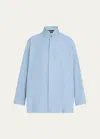 Eskandar Slim A-line Double Stand Collar Shirt With Stepped Insert (long Length) In Woadblue