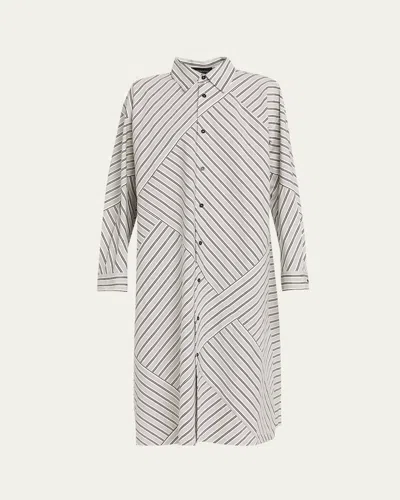 Eskandar Slim A-line Long-sleeve Midi Shirtdress With Collar And Stepped Insert