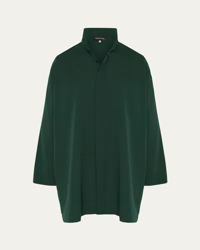Eskandar Slim A-line Shirt With Double Stand-collar And Stepped Insert (long Plus Length) In Green