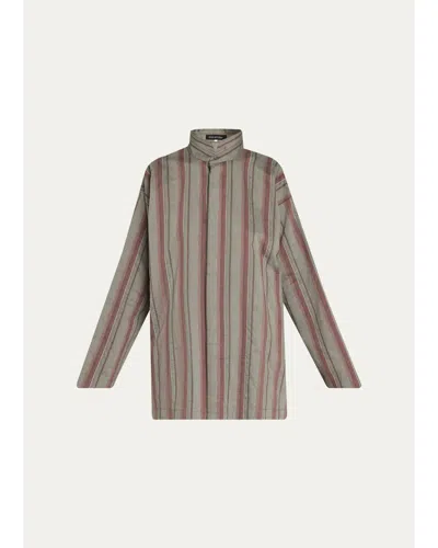 Eskandar Slim A-line Shirt With Double Stand Collar And Stepped Insert - Long Length In Gray