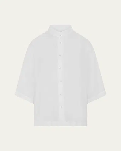 Eskandar Slim Collarless Short-sleeve Shirt (regular Length) In White
