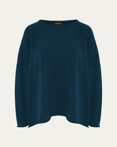 Eskandar Slim-sleeve Raw-edge Bateau-neck Sweater (mid Plus Length) In Blue