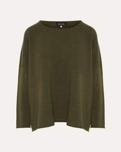 Eskandar Slim-sleeve Raw-edge Bateau-neck Sweater (mid Plus Length) In Green