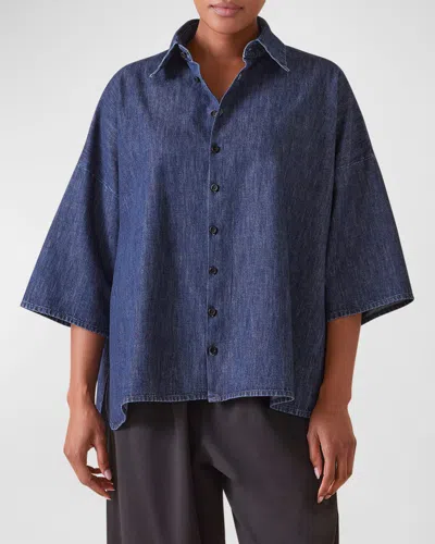 Eskandar Sloped Shoulder Wide A-line Denim Shirt In Jeandark