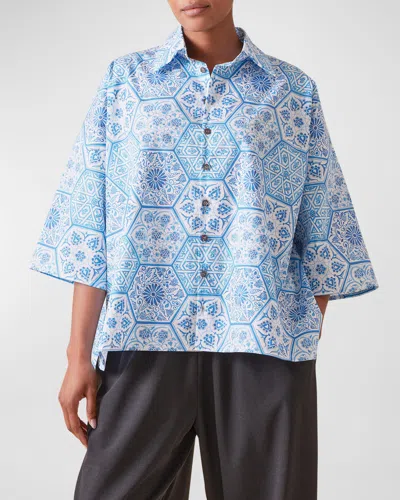 Eskandar Sloped Shoulder Wide A-line Printed Shirt In Damascusblue