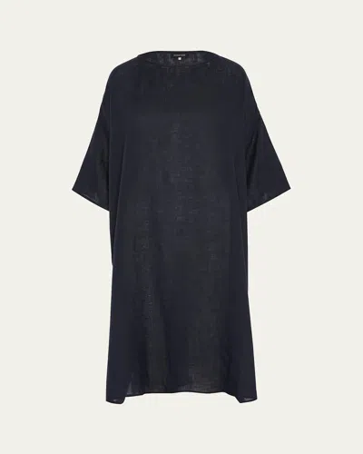 Eskandar Sloped Shoulder Wide A-line Short Sleeve Scoop Neck Dress In Navydark
