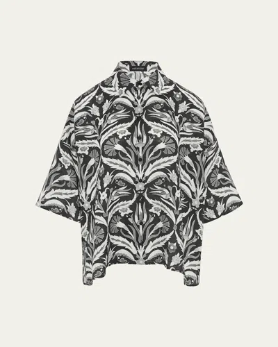 Eskandar Sloped-shoulder Wide A-line Short-sleeve Shirt With Collar (mid Plus Length) In Black