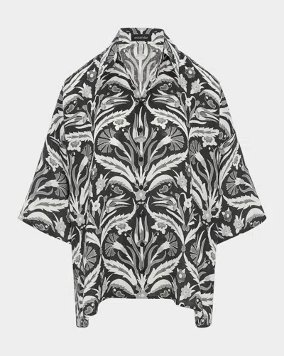 ESKANDAR SLOPED-SHOULDER WIDE A-LINE SHORT-SLEEVE SHIRT WITH COLLAR (MID PLUS LENGTH)