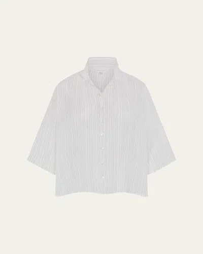 Eskandar Sloped Shoulder Wide A-line Pleated Collar Short Sleeve Shirt - Mid Length In White