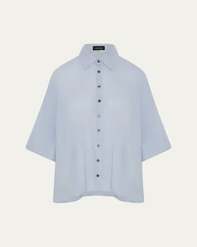 Eskandar Sloped Shoulder Wide A-line Short Sleeve Shirt With Collar - Mid Length In Blue