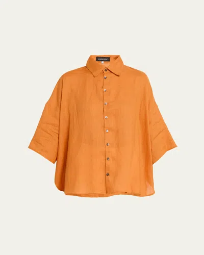 Eskandar Sloped Shoulder Wide A-line Short Sleeve Shirt With Collar - Mid Length In Gold