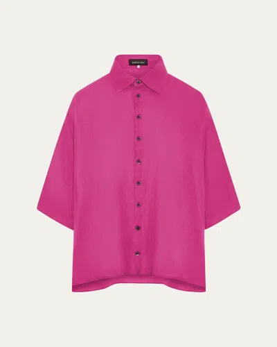 Eskandar Sloped Shoulder Wide A-line Short Sleeve Shirt With Collar - Mid Length In Pink