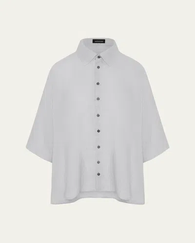 Eskandar Sloped Shoulder Wide A-line Short Sleeve Shirt With Collar - Mid Length In Silver