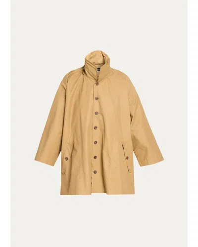 Eskandar Smaller Front Larger Back High Neck Raincoat With Button Away Hood - Long Plus Length In Camel