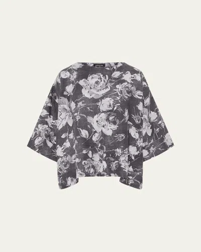 Eskandar Stonewashed Linen 3/4 Width Scoop Neck Tunic With Hem Bands - Mid Length In Gray