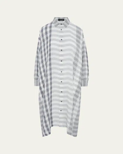 Eskandar Striped Linen Wide A-line Shirt Dress With Collar In Blue