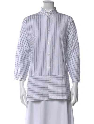 Pre-owned Eskandar Striped Three-quarter Sleeve Button-up Top In White