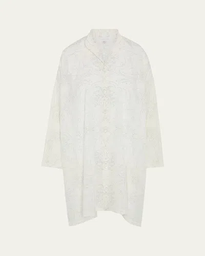 Eskandar Tile-print Ottoman Wide A-line Collarless Shirt With Slits (very Long Length)