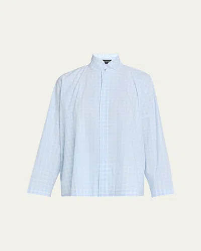 Eskandar Triple-plaid Cotton Wide Longer Back Shirt Jacket In Blue