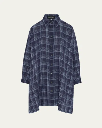 Eskandar Wide A-line Collar Shirt With Slits (very Long Length) In Blue
