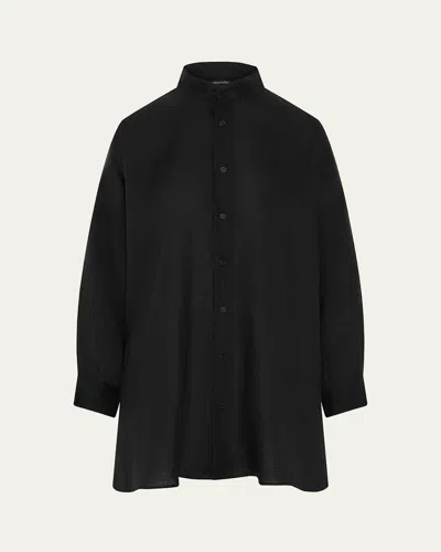 Eskandar Wide A-line Collarless Shirt With Slits (long Plus) In Black