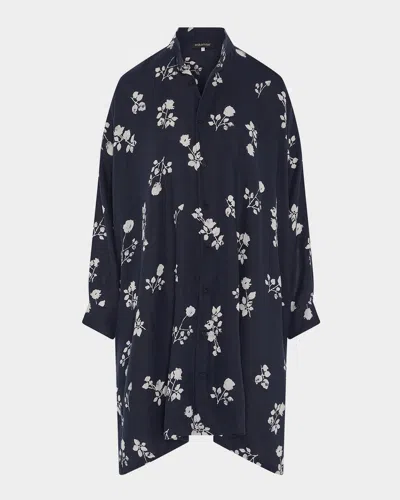 Eskandar Wide A-line Collarless Shirt With Slits (very Long Length) In Blue