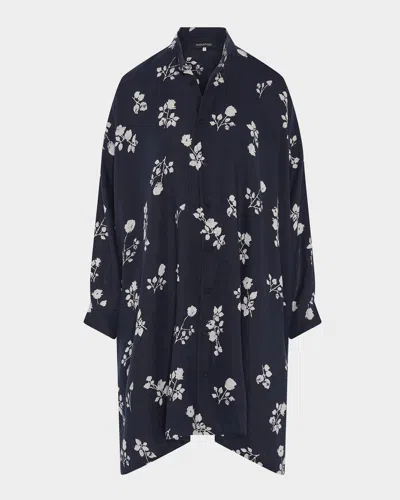 Eskandar Wide A-line Collarless Shirt With Slits (very Long Length) In Navy