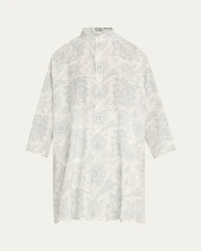Eskandar Wide A-line Collarless Shirt With Slits (very Long) In Vintageblue