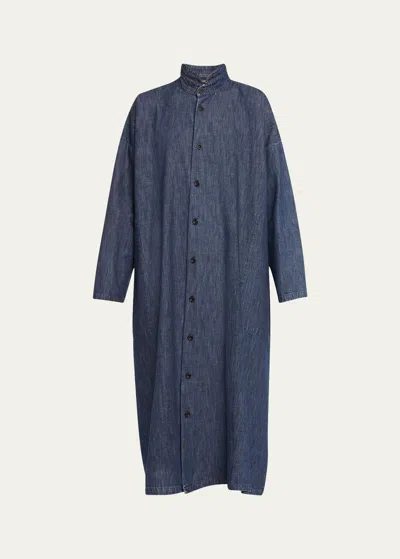 Eskandar Wide A-line Denim Shirtdress With Double Stand Collar In Jeandark