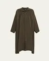 Eskandar Wide A-line Midi Shirtdress With Open Standup Collar In Brown