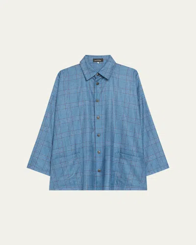 Eskandar Wide A-line Shirt Jacket With Collar (long Length) In Bluemix