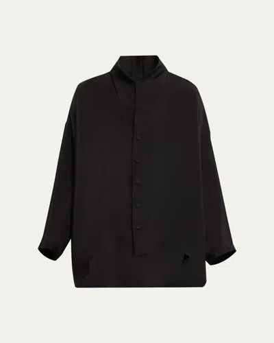 Eskandar Wide A-line Shirt With Open Standup Collar (mid Plus Length) In Black