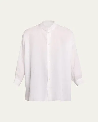 Eskandar Wide A-line Collarless Classic Shirt - Long Plus Length In White