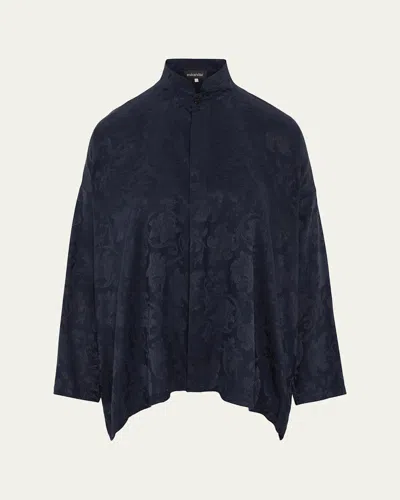 Eskandar Wide A-line Double Stand Collar Shirt - Mid Plus Length In Blue