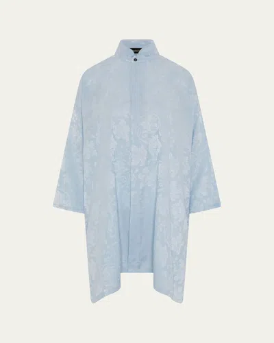 Eskandar Wide A-line Double Stand Collar Shirt - Very Long Length With Slits In Blue