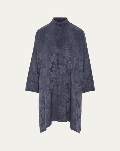 Eskandar Wide A-line Double Stand Collar Shirt - Very Long Length With Slits In Blue