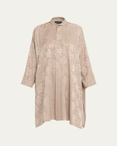 Eskandar Wide A-line Double Stand Collar Shirt - Very Long Length With Slits In Stone