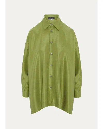 Eskandar Wide A-line Shirt With Collar - Long Length In Green