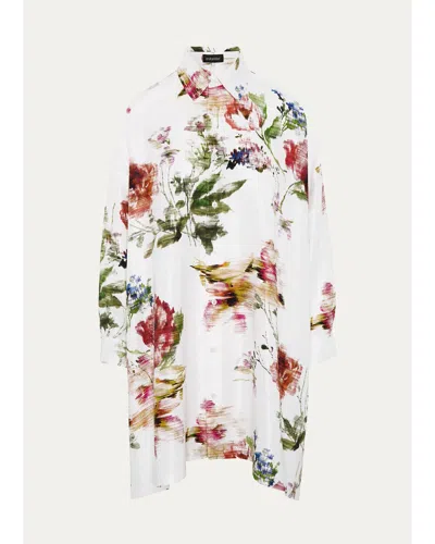 Eskandar Wide A-line Shirt With Collar - Long Plus Length In White