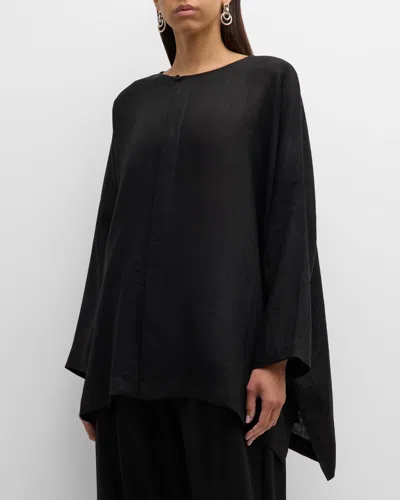 Eskandar Wide Longer-back Bound Neck Linen Shirt (long Length) In Black