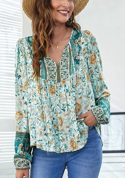 Esley Collection Bohdi Boho Floral Blouse In Teal In Multi