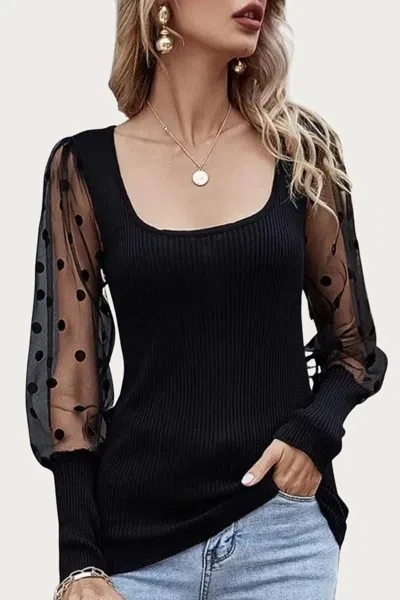 Esley Collection Daydream Polka Dot Mesh Sleeve Top In Black
